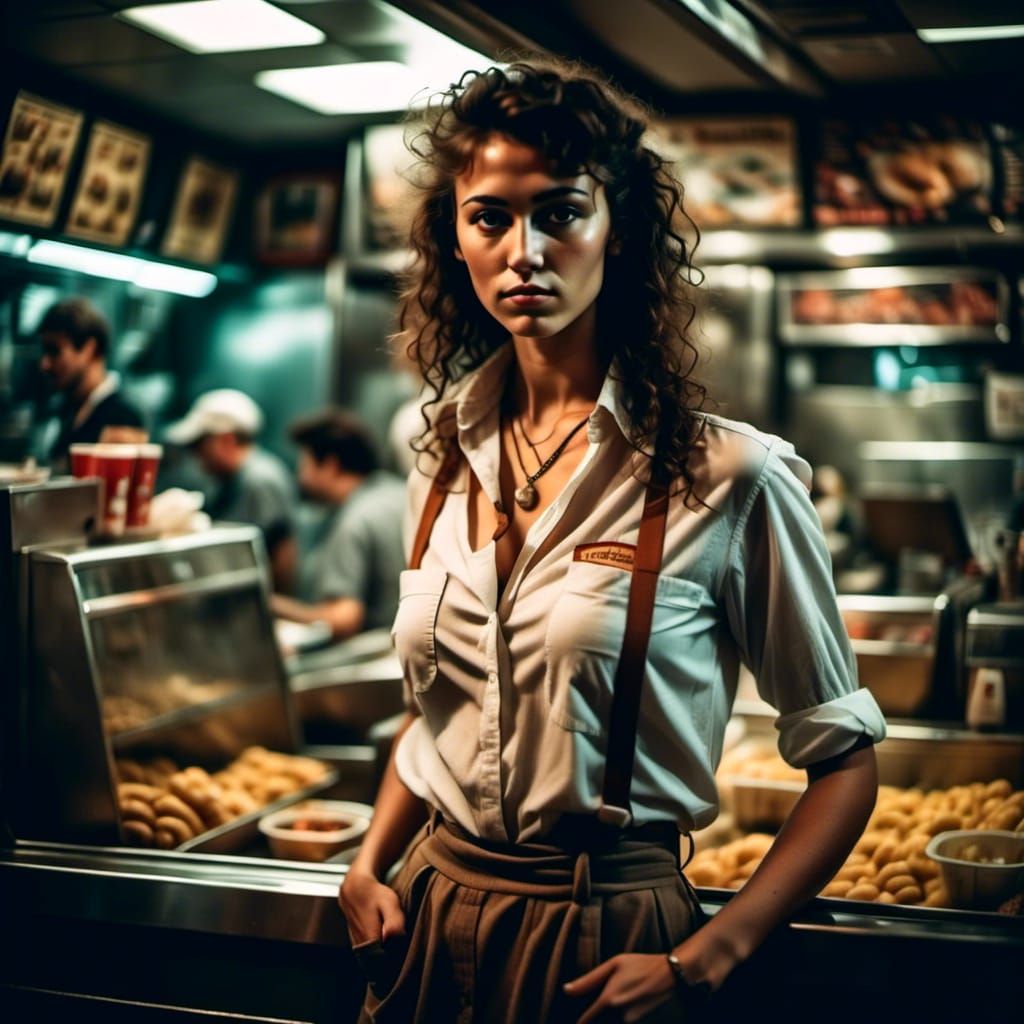 Brunette Fast Food Employee in Restaurant Photo