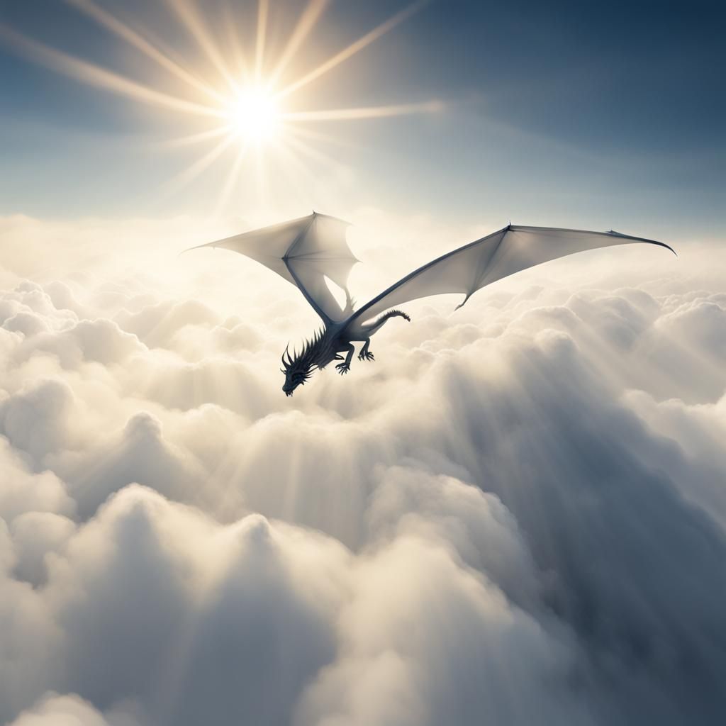 Dragon Diving Through Clouds in Sunlight