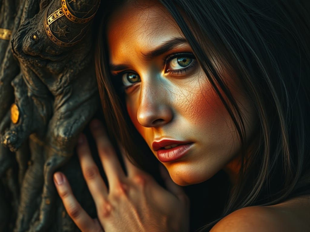 Enigmatic Goddess with Copper Gold Texture in Fine Metal Pan...