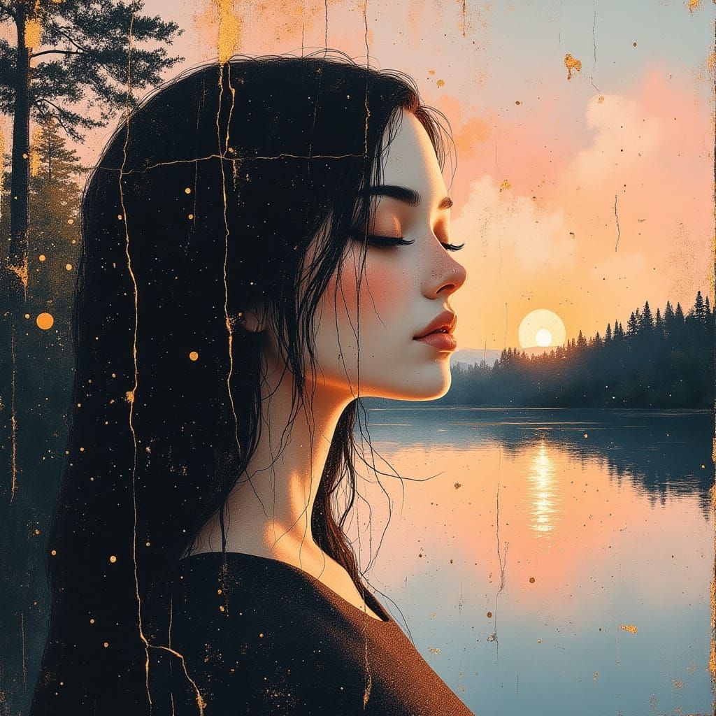 Mist Veiled Woman at Sunrise: Hyperrealistic Portrait