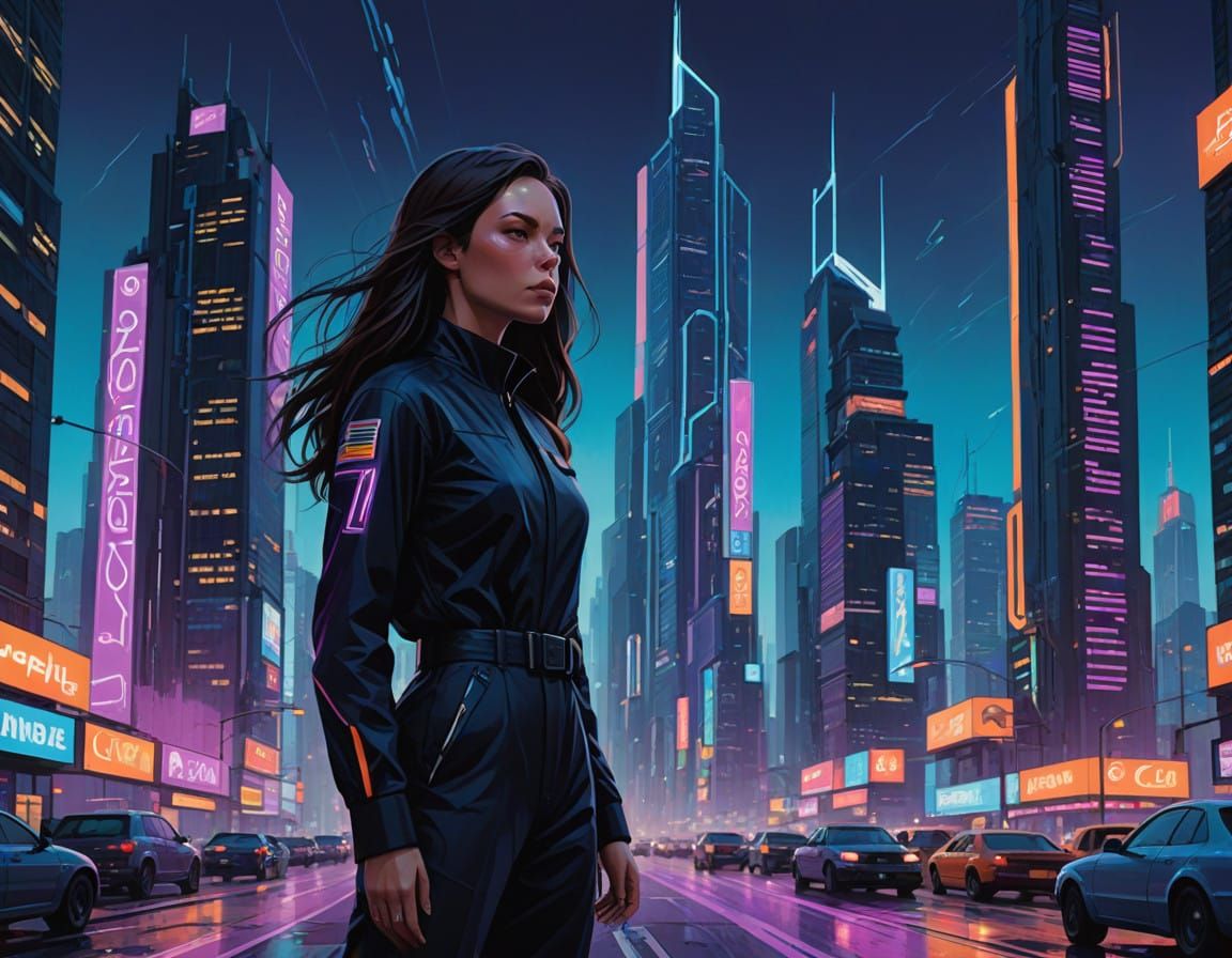Ethereal Futuristic Heroine Dominates Dynamic Cityscape