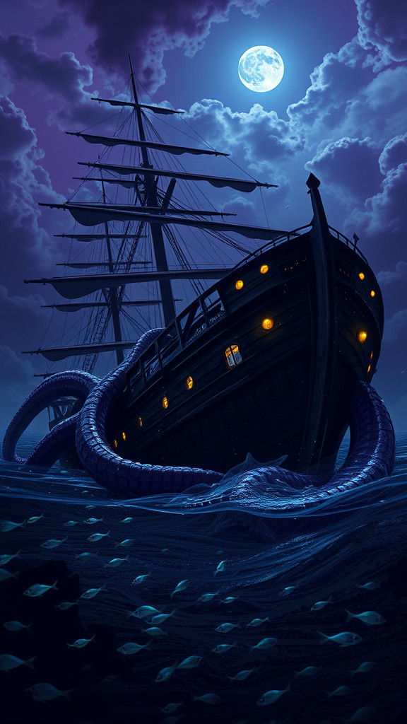 Kraken's Grasp: Shipwreck in the Deep, as Dark Fantasy Art