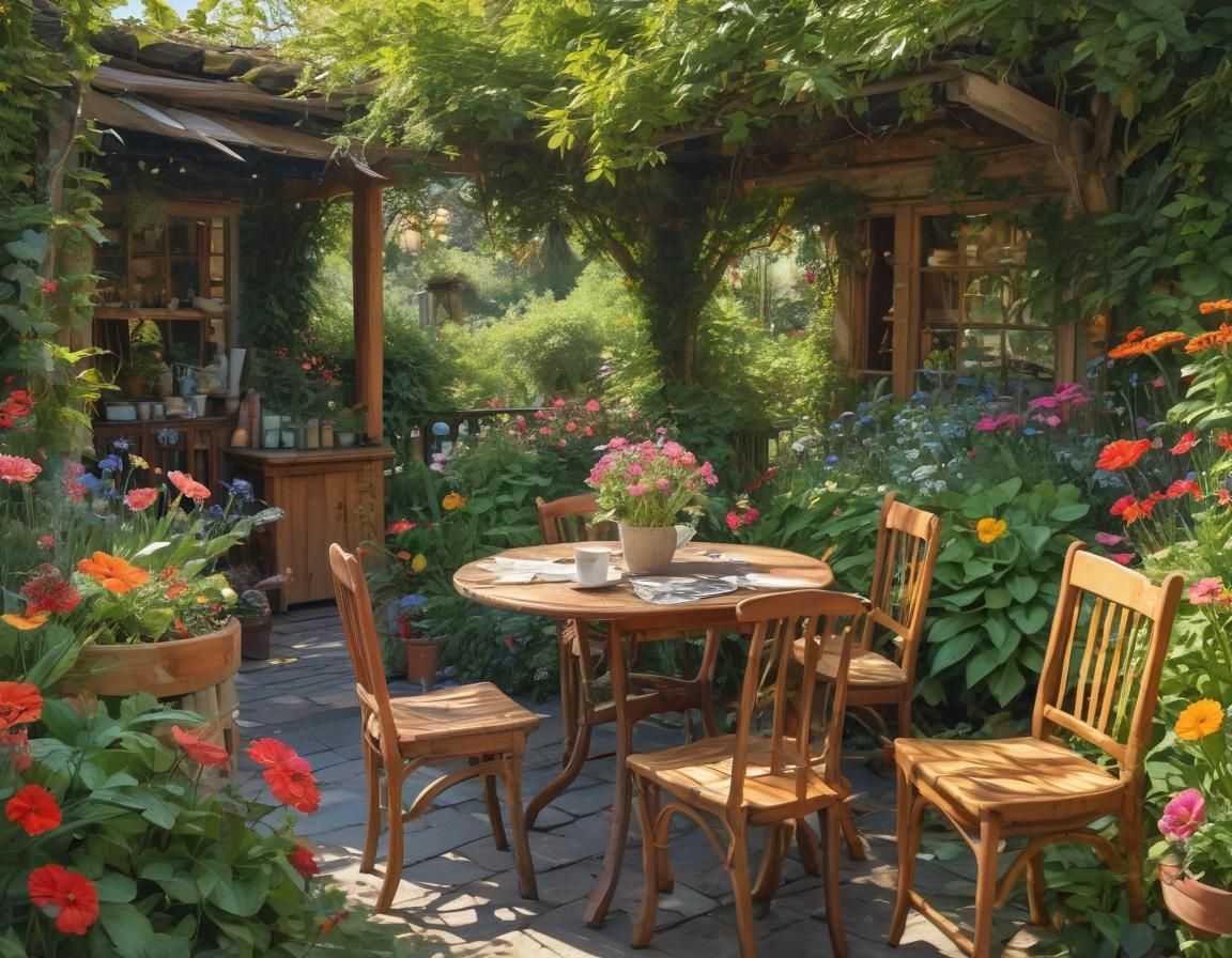 Cozy Garden Café in Whimsical Doodle Art