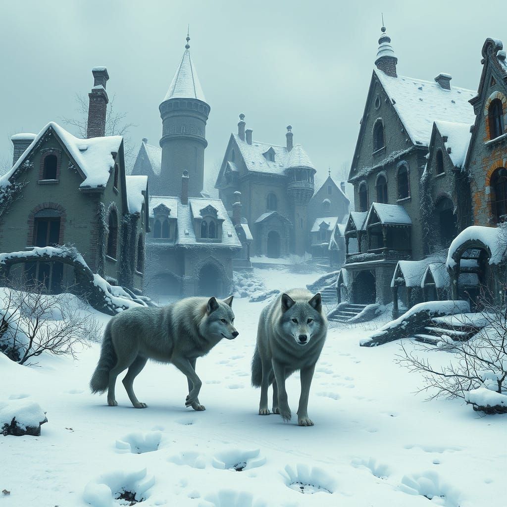 Surreal Wolves Roam Snowy Abandoned Ruins in Eerie Landscape
