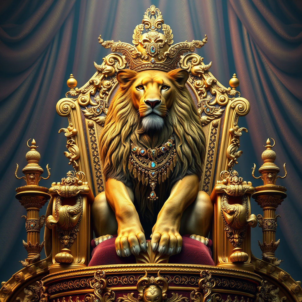 Lion King on Jeweled Throne: Surreal Digital Art