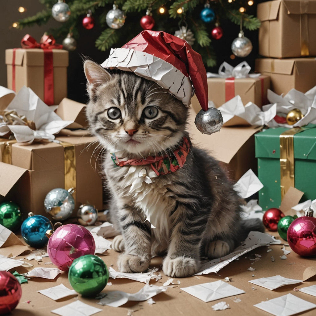 Cute Kitten in Santa Hat Surrounded by Holiday Chaos