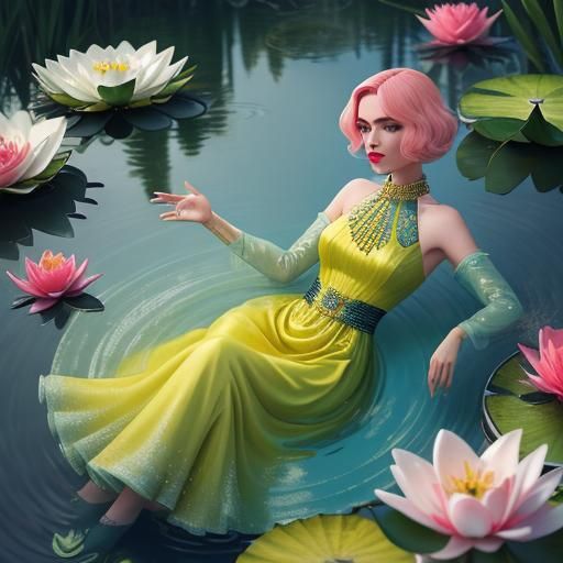Dreamy Surreal Portrait with Roses and Lily Pads