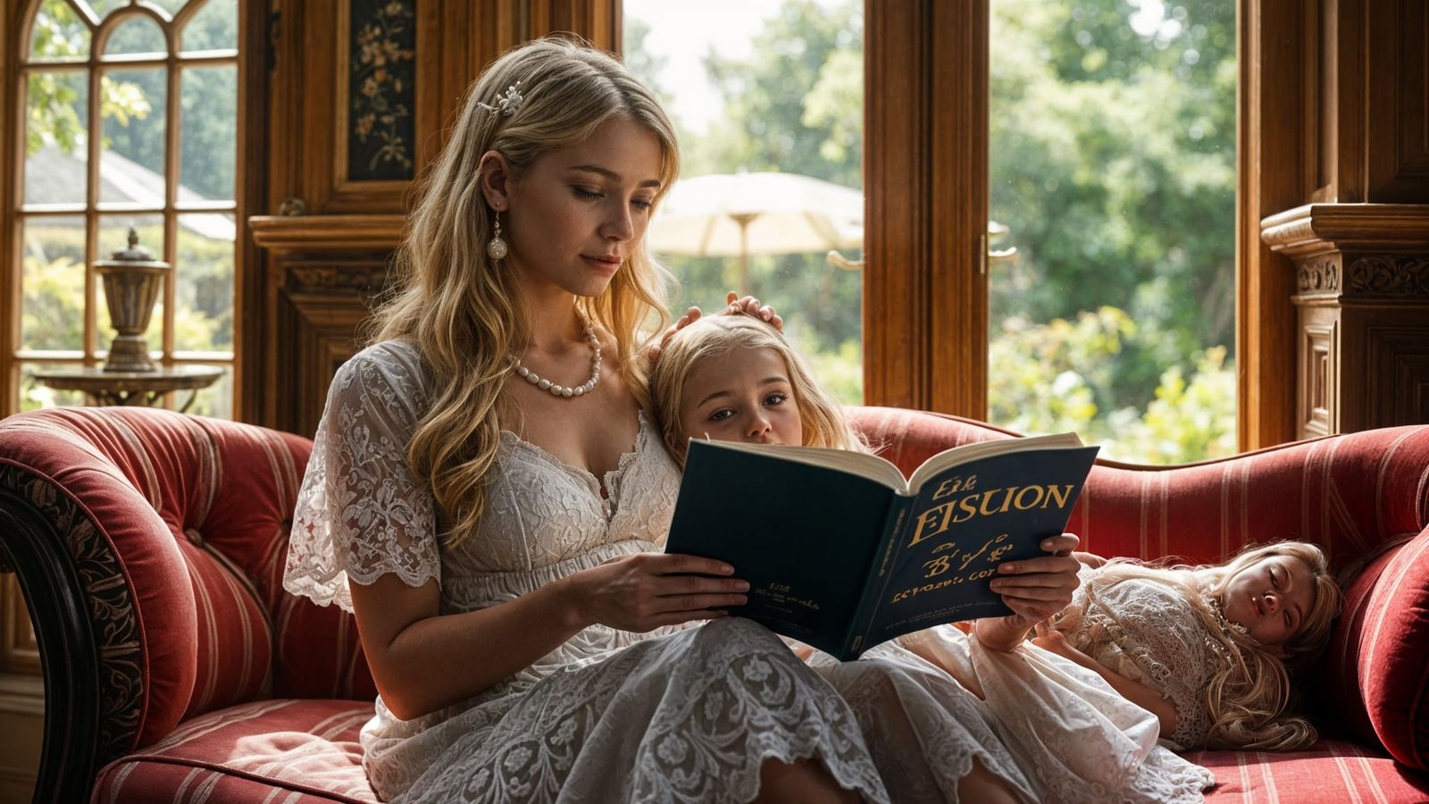 Mother Reads to Daughter in Art Deco Study