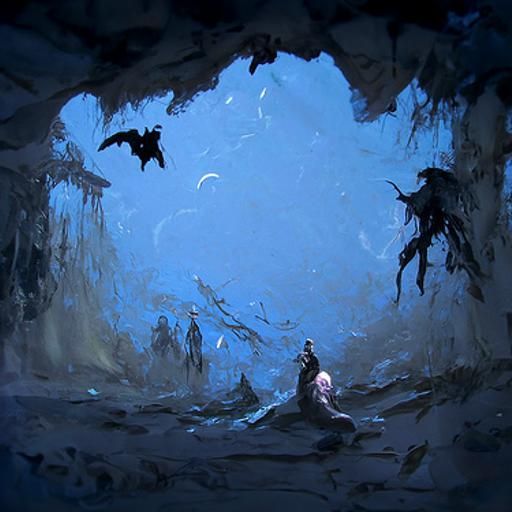 Bats Emerge from Cave in Moonlight, Gothic Horror