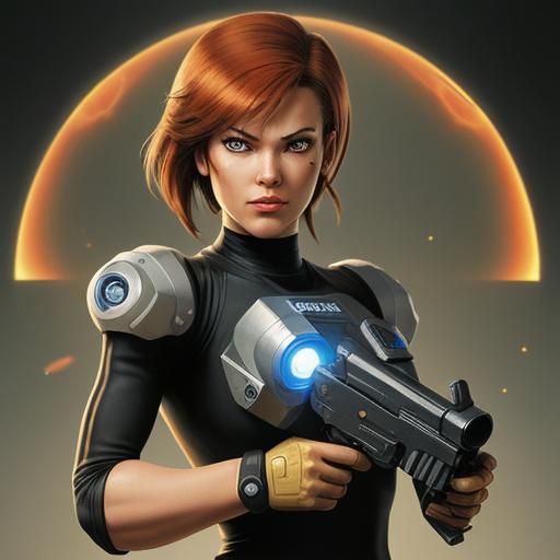 Cyborg gunslinger, holding a raygun, gun resembles a sega master system Light Phaser