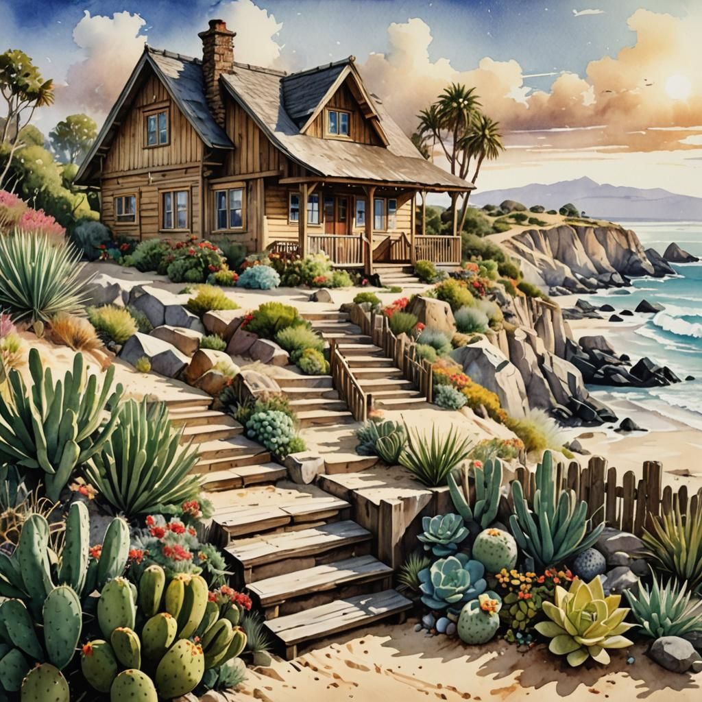 Beach Cottage in Watercolor and Ink