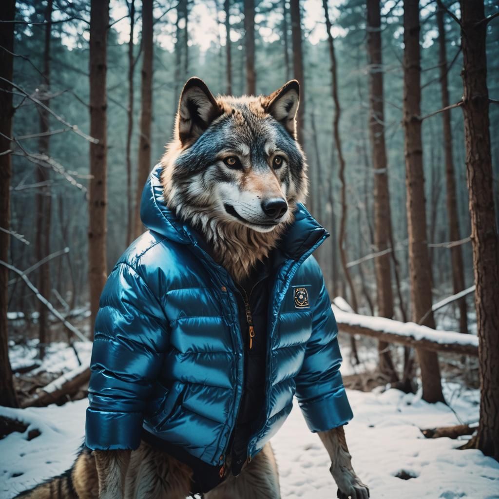 Anthro Wolf in Shiny Blue Puffer Jacket