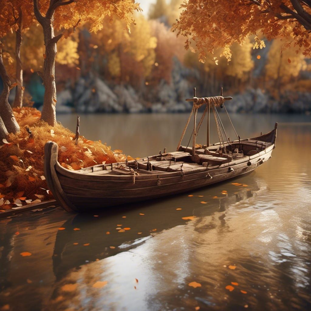 Medieval River Boat with Sailor in Hyperreal Style