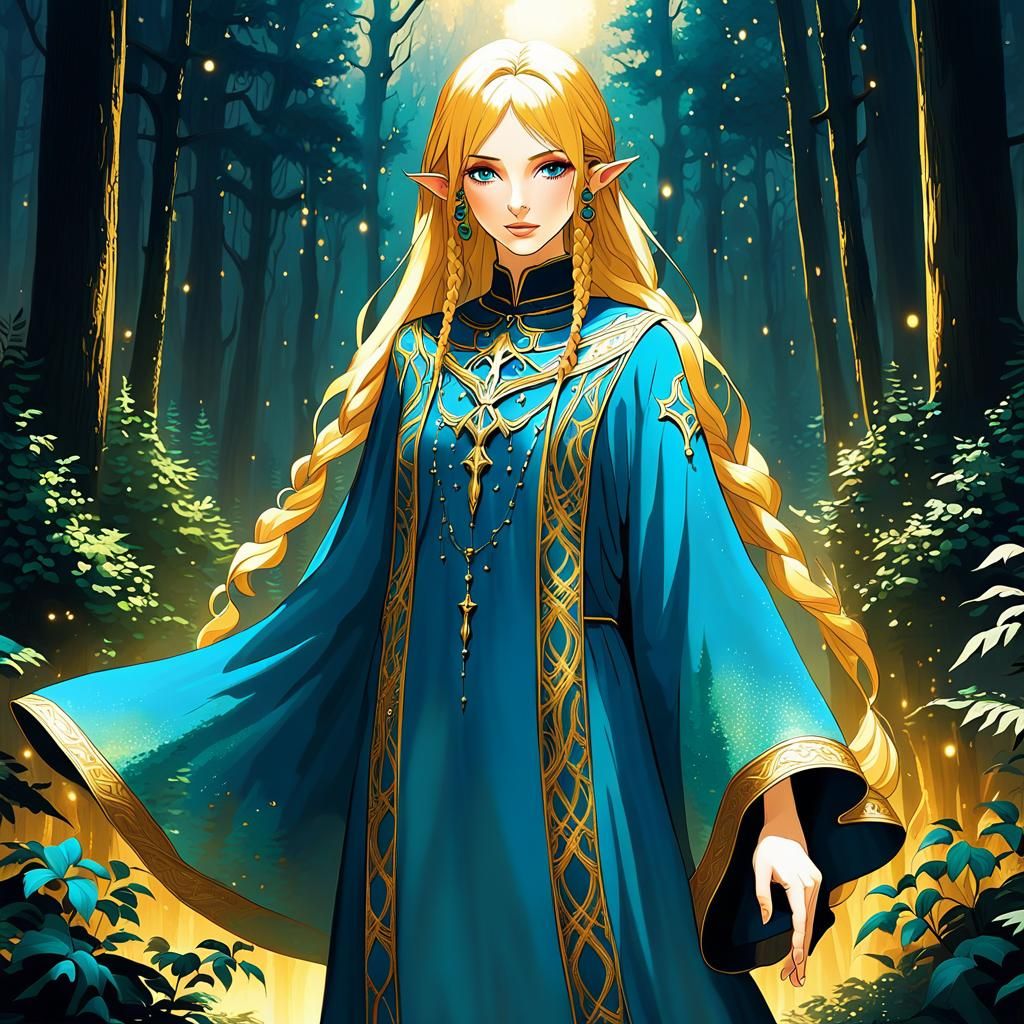 Half-Elf Cleric in Mystical Forest: Fantasy Art