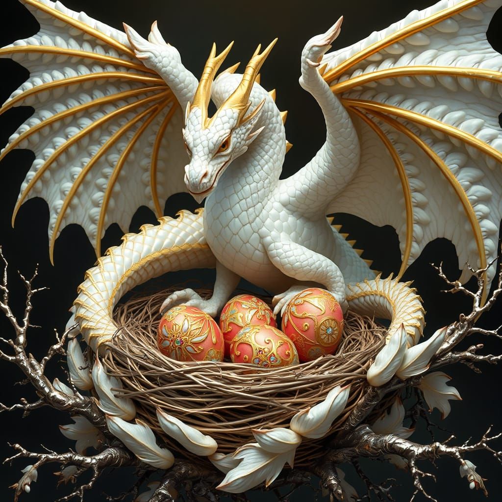 Majestic White Dragon Protects Faberge Eggs in Opulent Nest