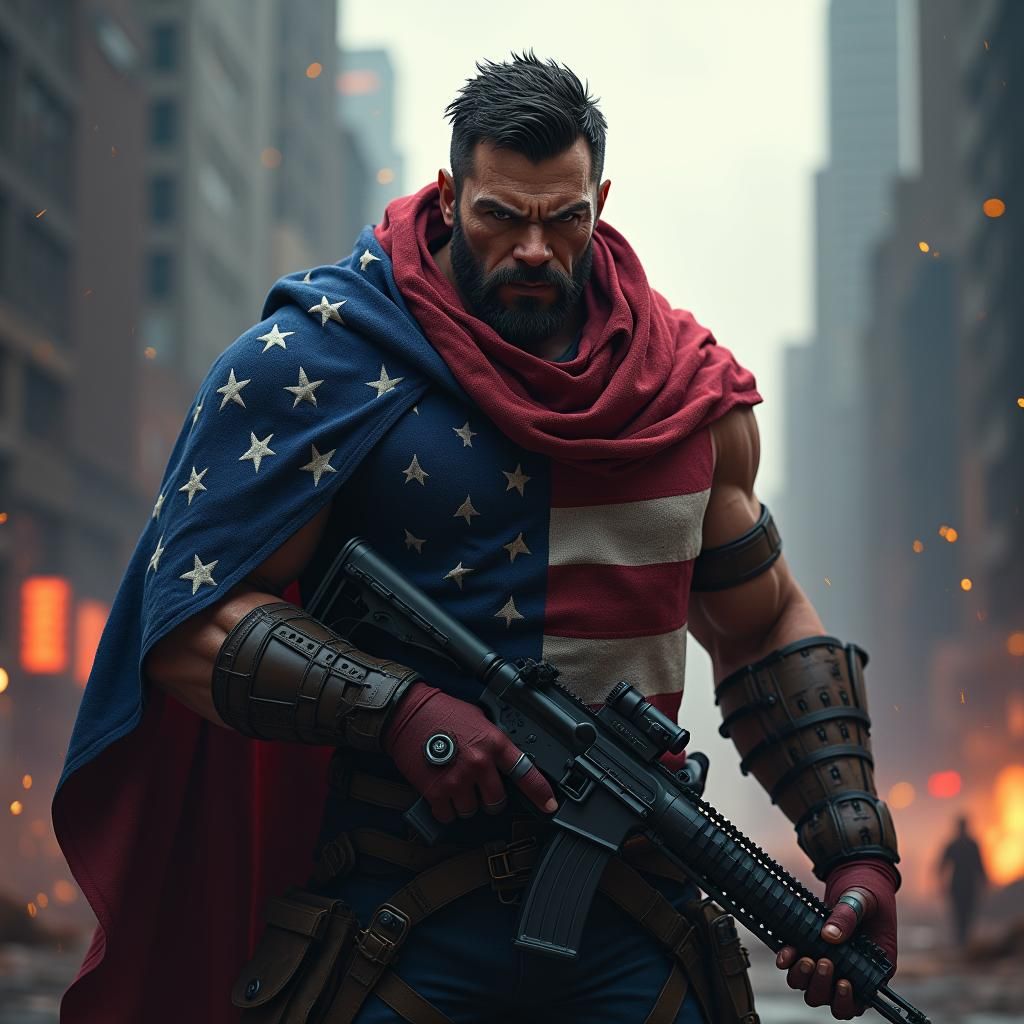 Fierce Patriot Warrior in Dystopian Cityscape