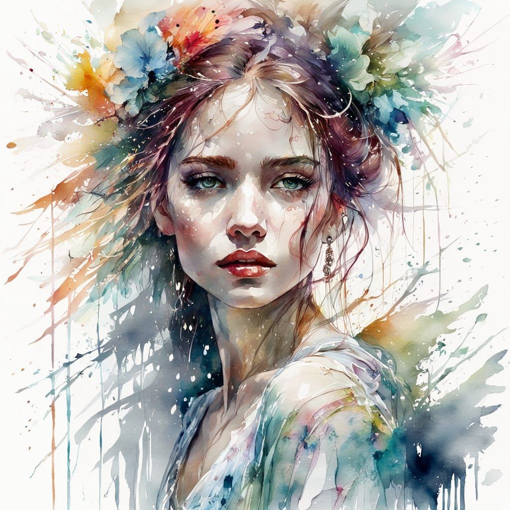 Elegant Dancer in Watercolor Style with Gentle Rain