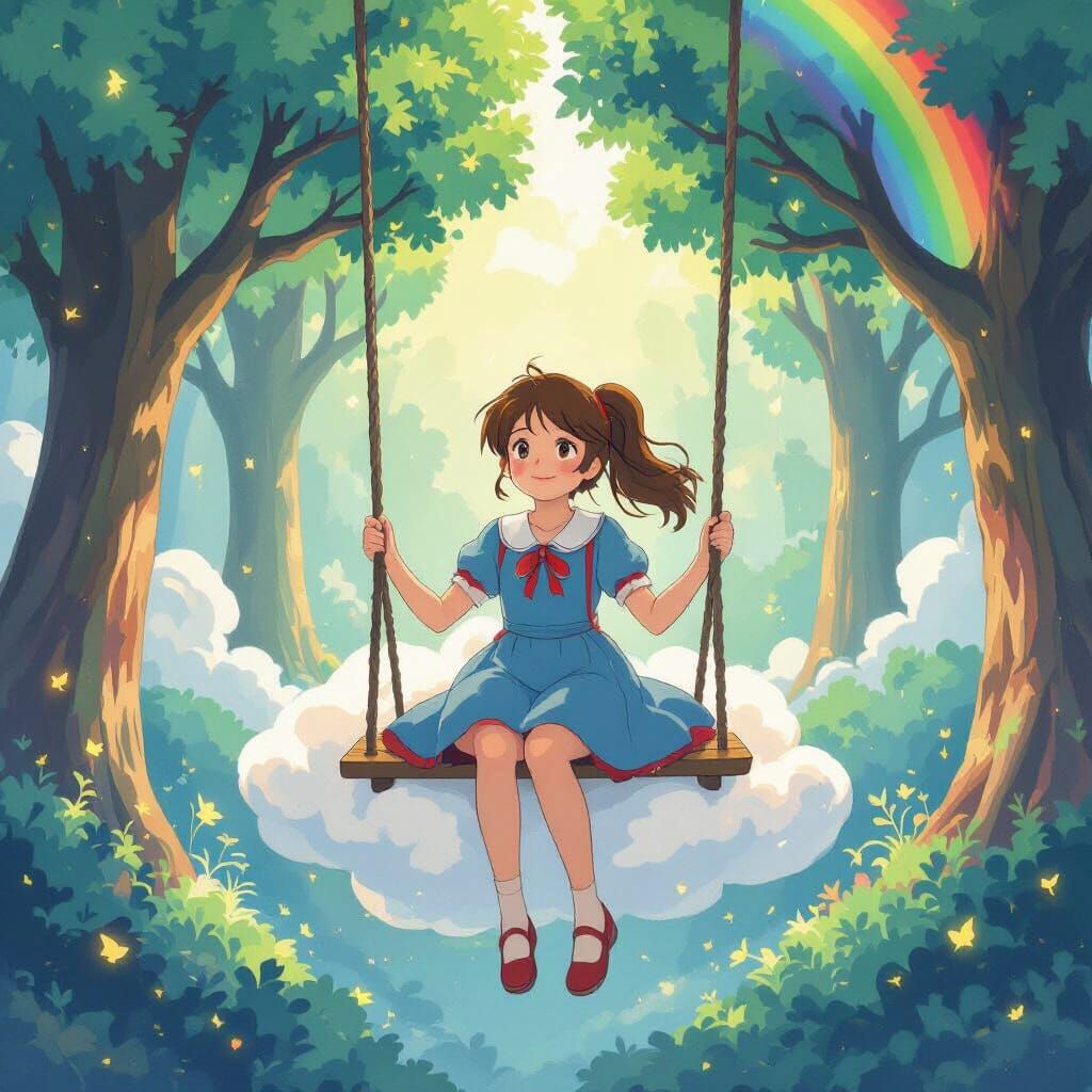 Girl on Cloud Swing Between Rainbow Trees, Ghibli Style
