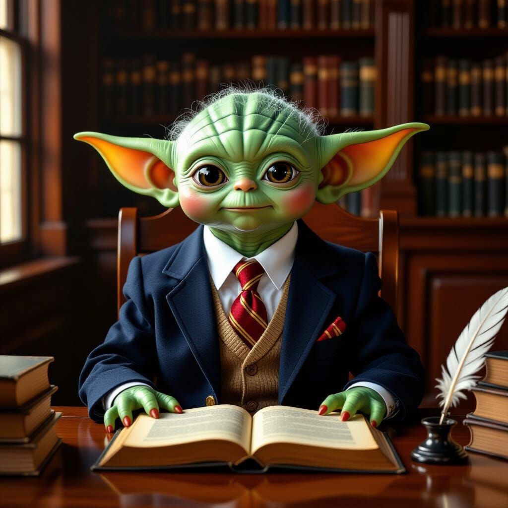 Preppy Grogu in Library as Classical Oil Painting