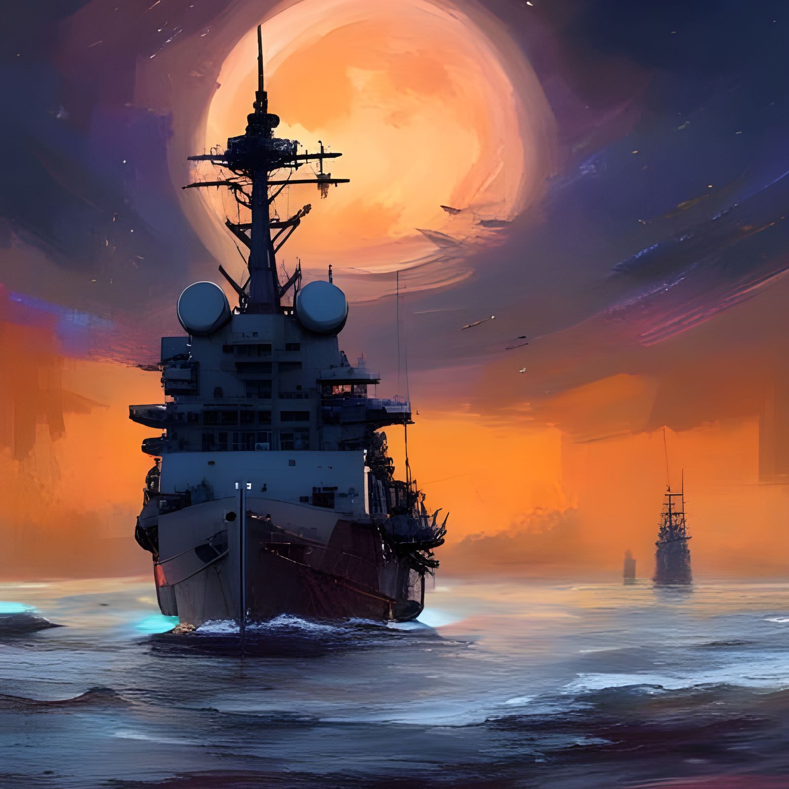 US Navy Destroyer Under a Luminous Moon