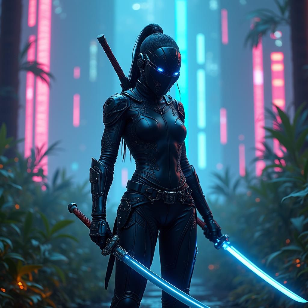 Cyberpunk Samurai Warrior in Neon Forest