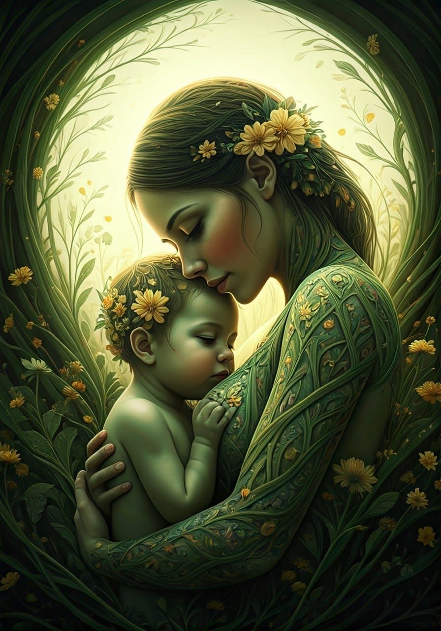 Mother and Child in Floral Embrace: Chiaroscuro Masterpiece