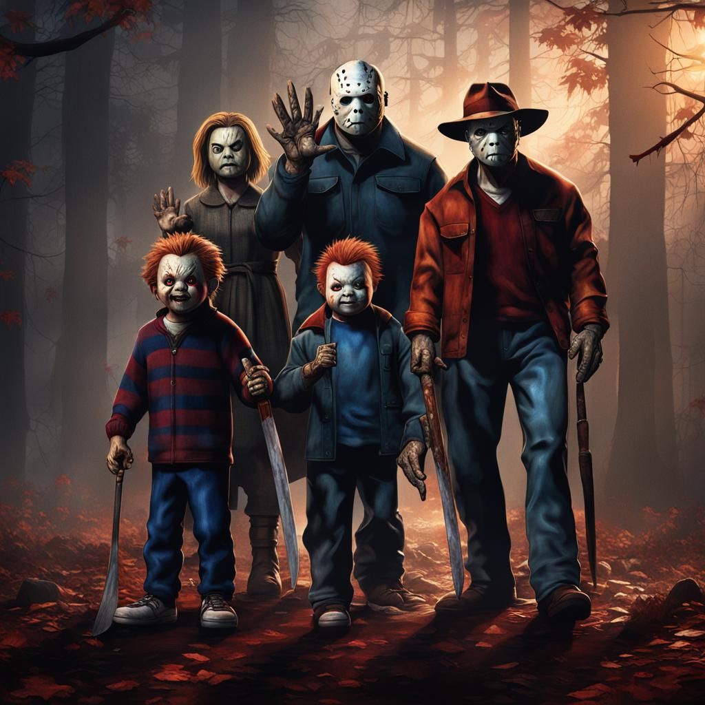 Horror Villains Family Portrait, Detailed Digital Painting