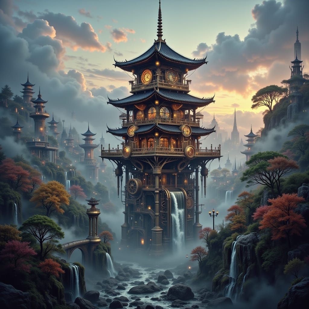 Colossal Steampunk Pagoda Over Misty Cityscape