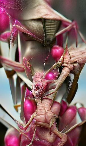 Pink Mantis with White Mandibles in Hyperrealism