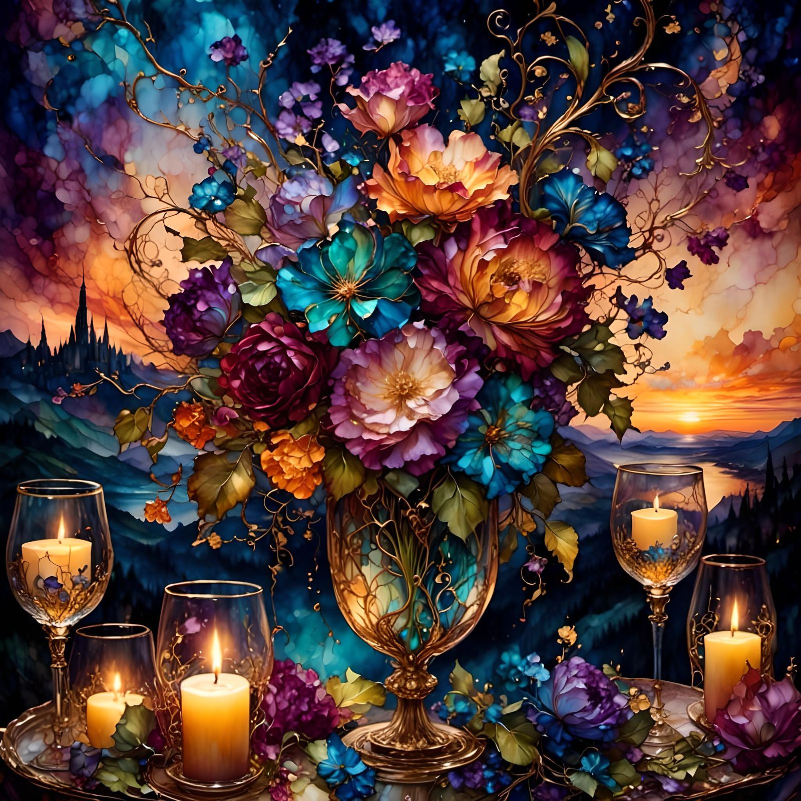 Fantasy Candlelit Dinner with Alcohol Ink Flowers