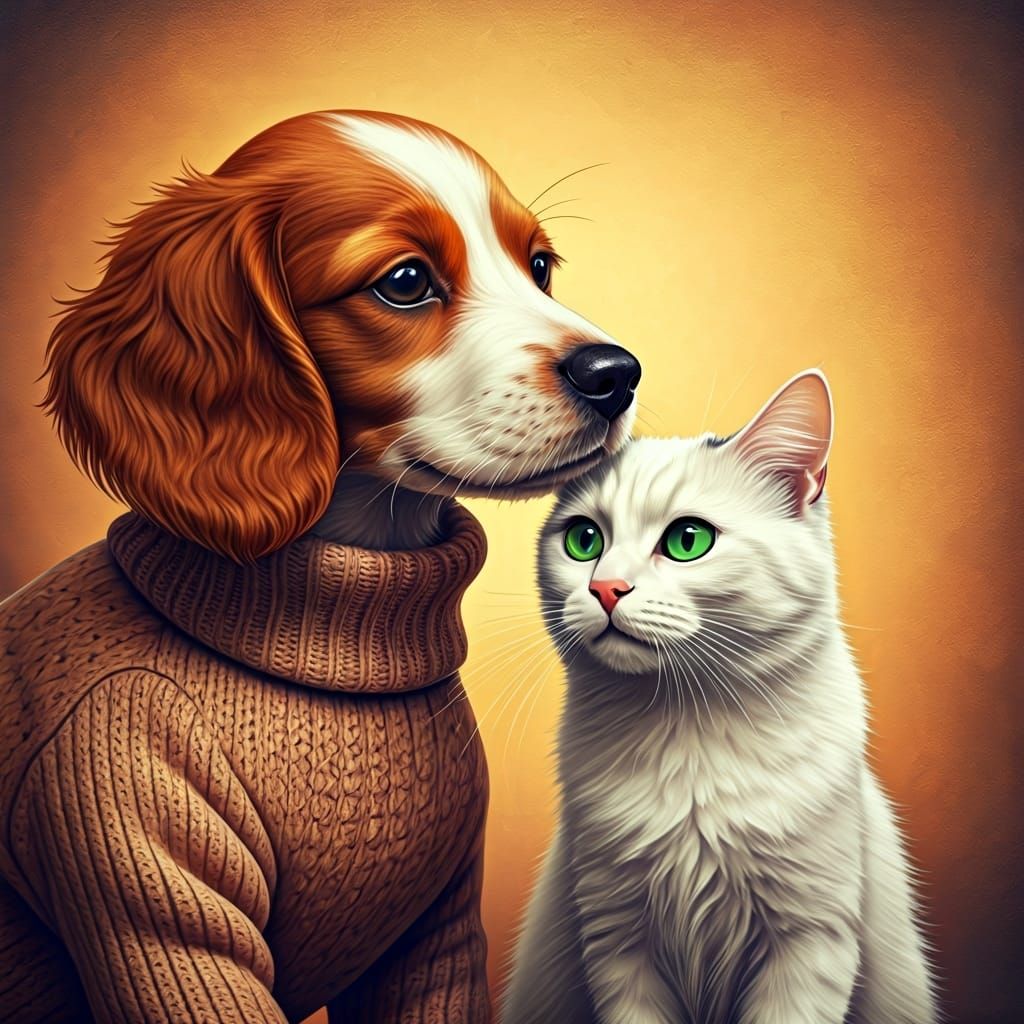 Dog and Cat Kiss in Beatrix Potter Style