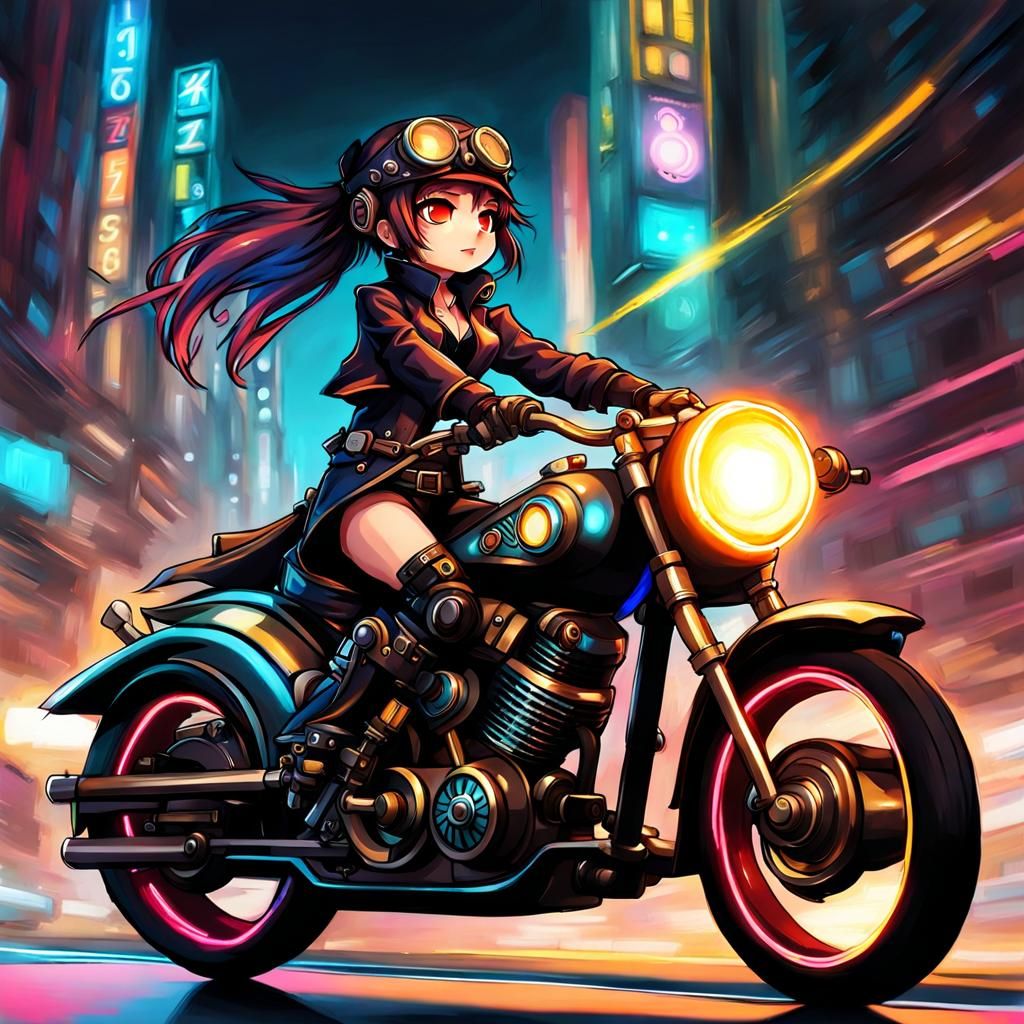 Chibi Steampunk Biker Girl Rides Neon City