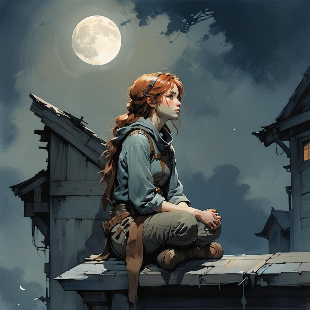 Troubled Woman Gazing at the Moon, Fantasy Concept Art