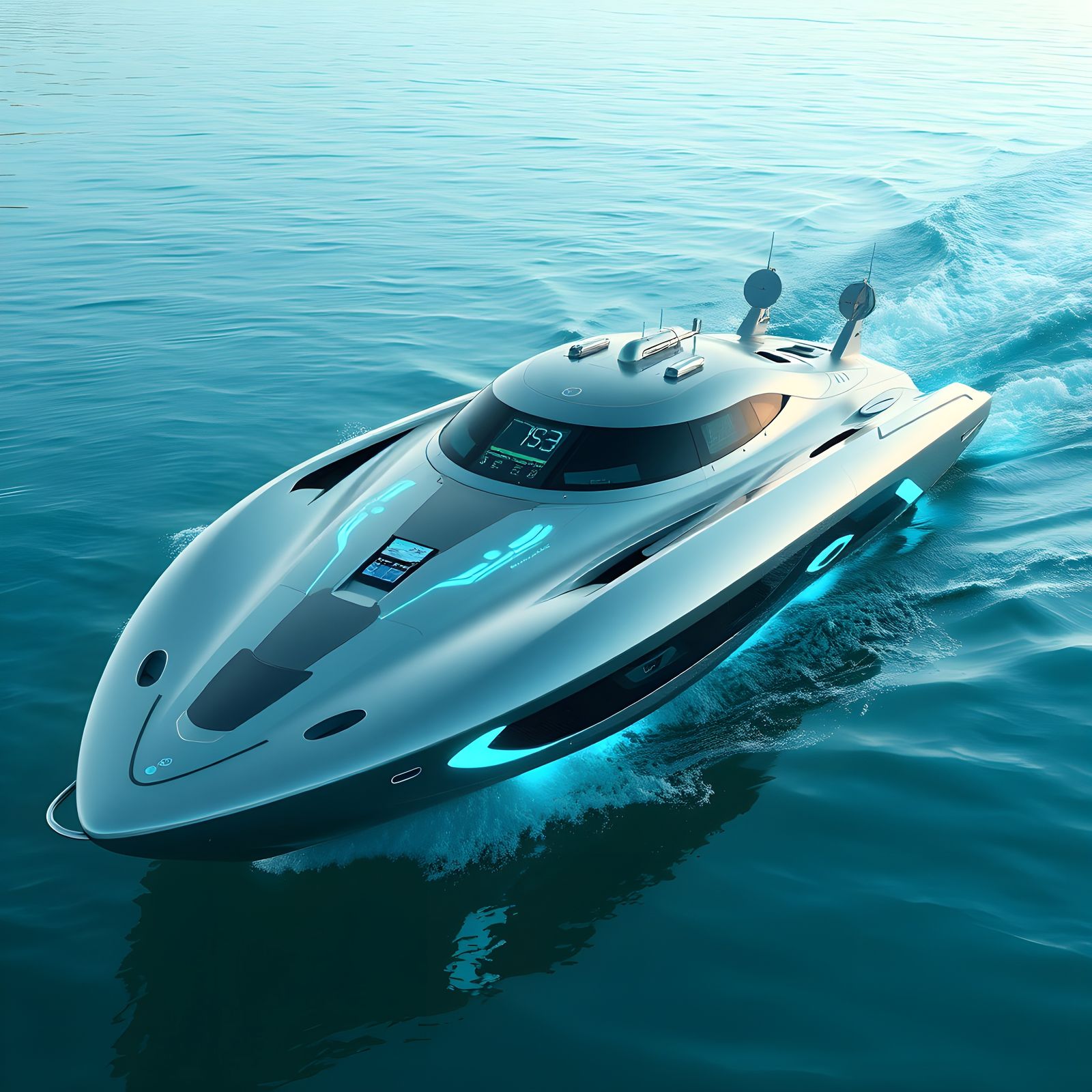 Futuristic Silver Boat on Turquoise Waters in Sleek Style