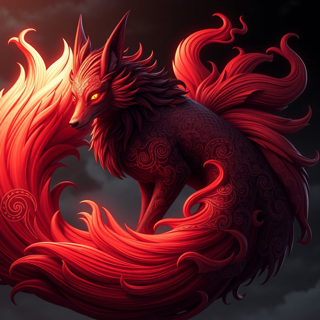 Crimson Nine-Tailed Fox in Anime Style