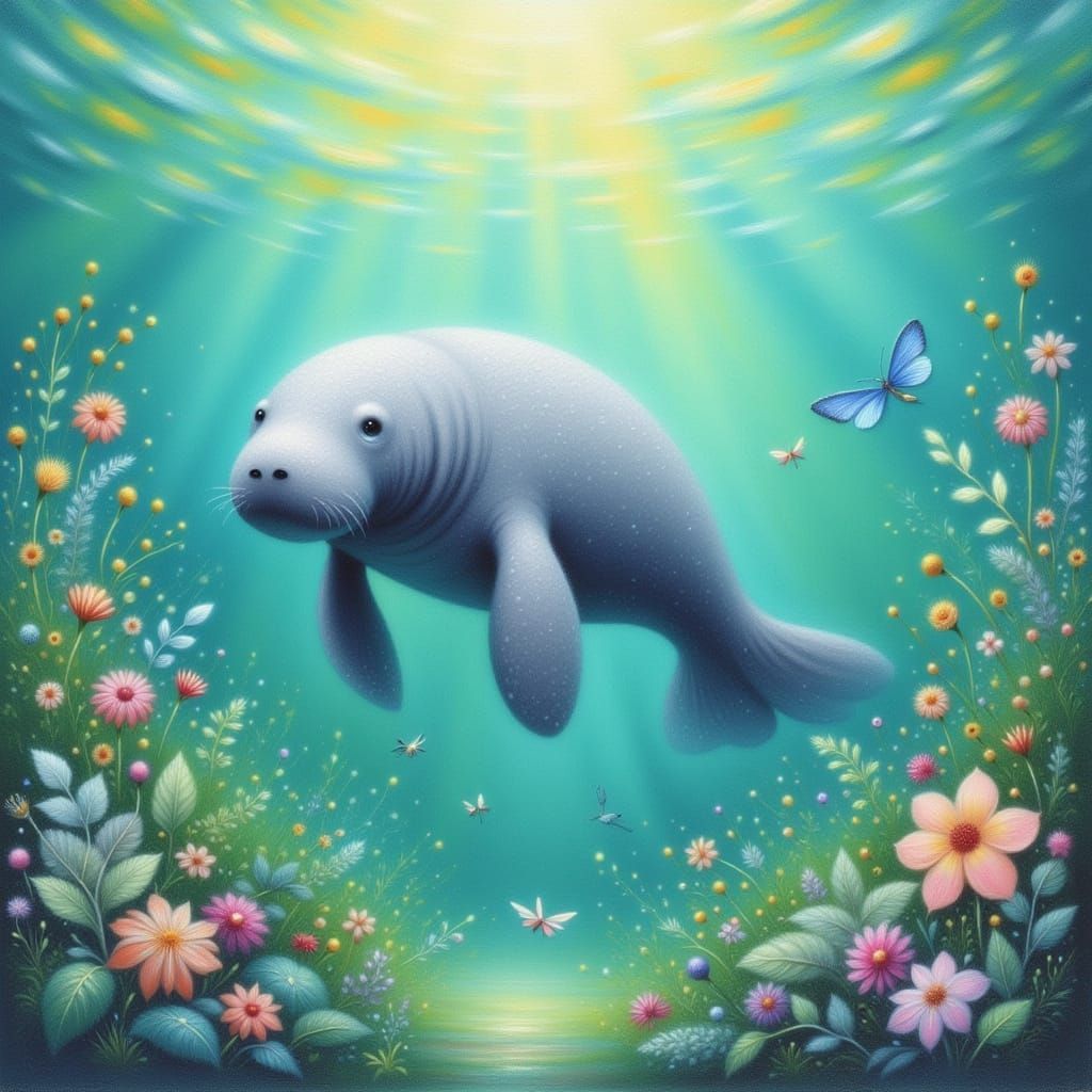 Whimsical Impression of Baby Manatee in Turquoise Waters