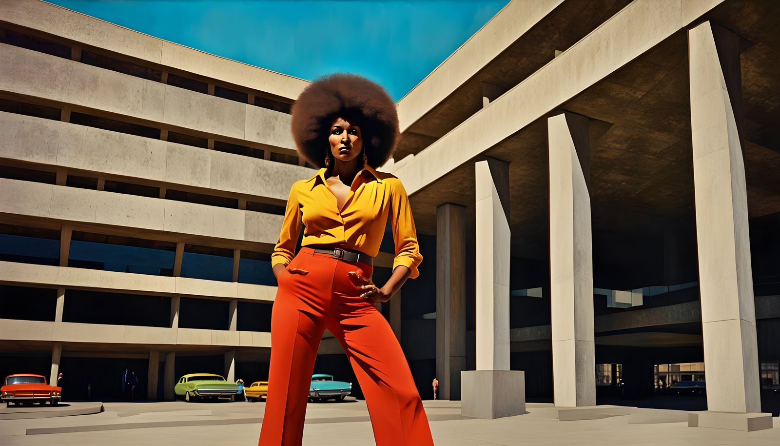Pam Grier as a 1960s Civic Center Icon in a Vibrant Impressi...