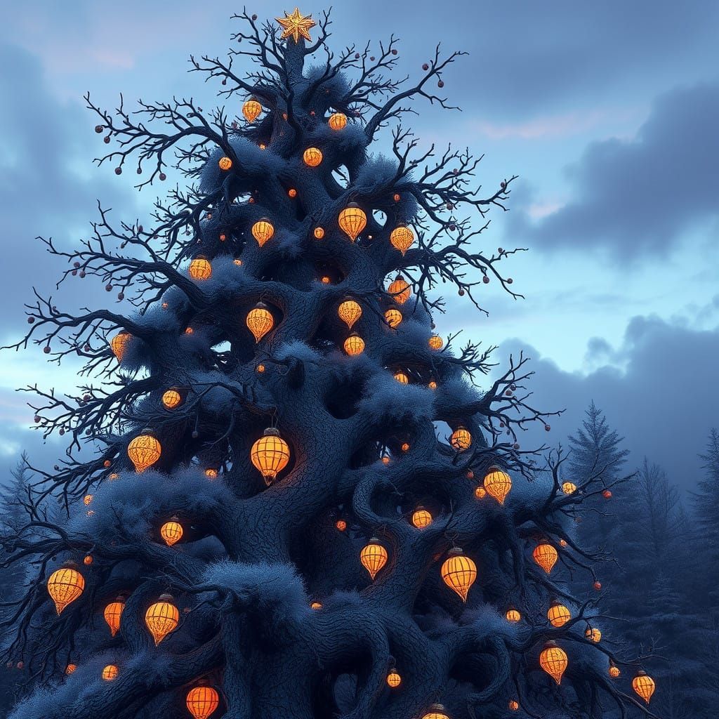 Mystical Christmas Tree in Grey Pencil Sketch Style