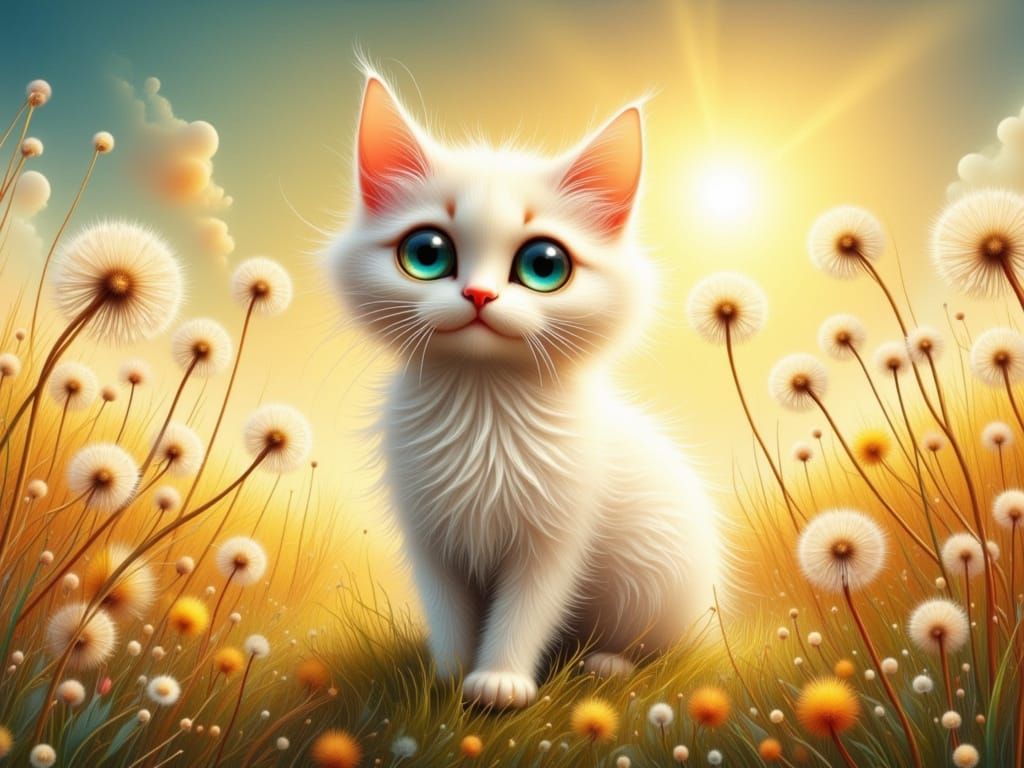 Cute Fluffy Kitten Playing in Dandelion Field