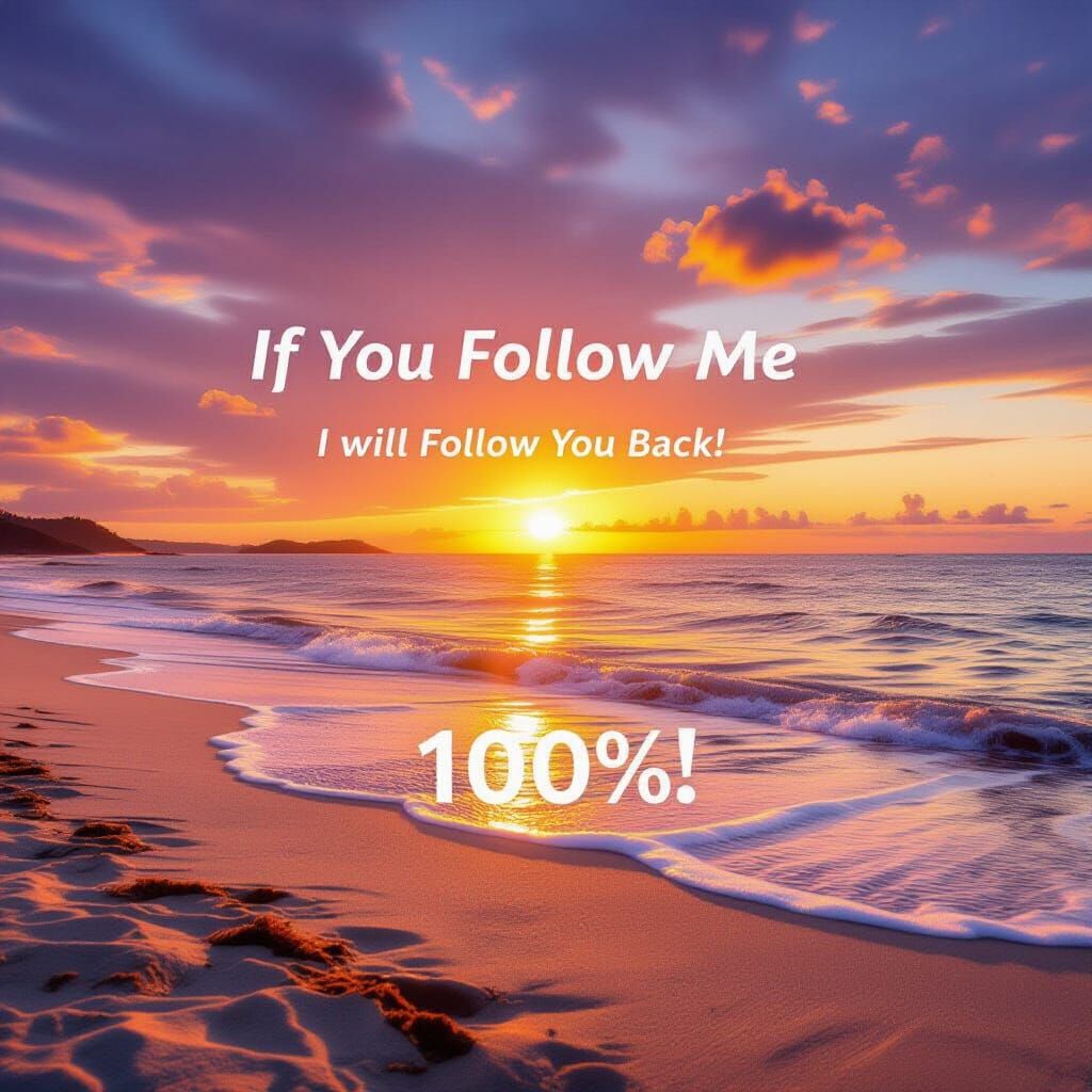 Beach Sunset with 'Follow Me' Message, Photorealistic Style