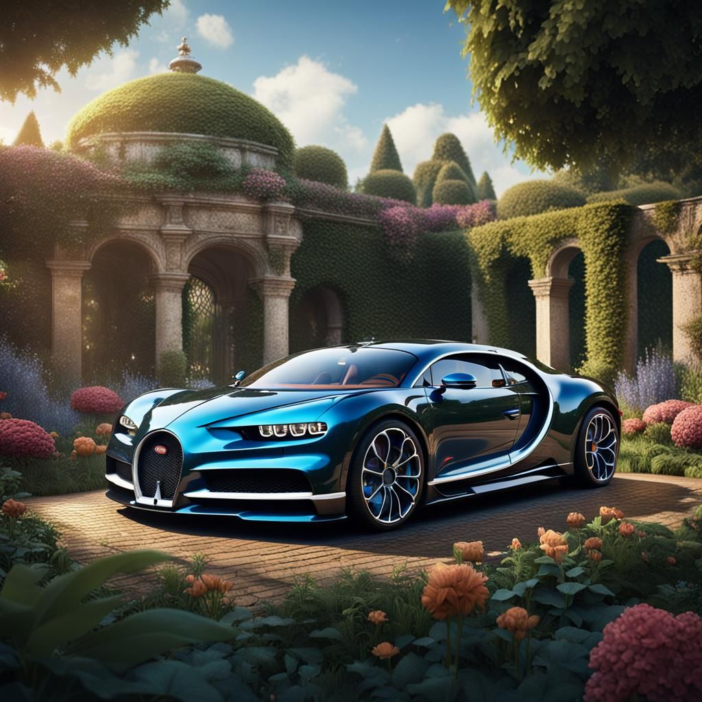 Bugatti Chiron in Garden: Detailed Matte Painting