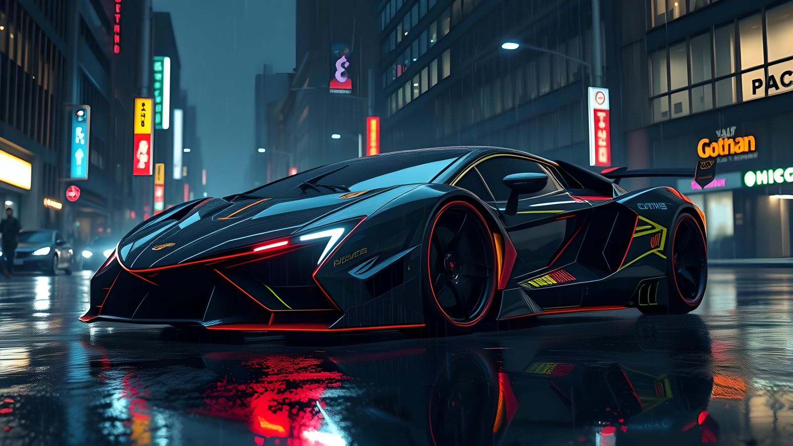 Cyberpunk Supercar Silhouette in Gotham Rain