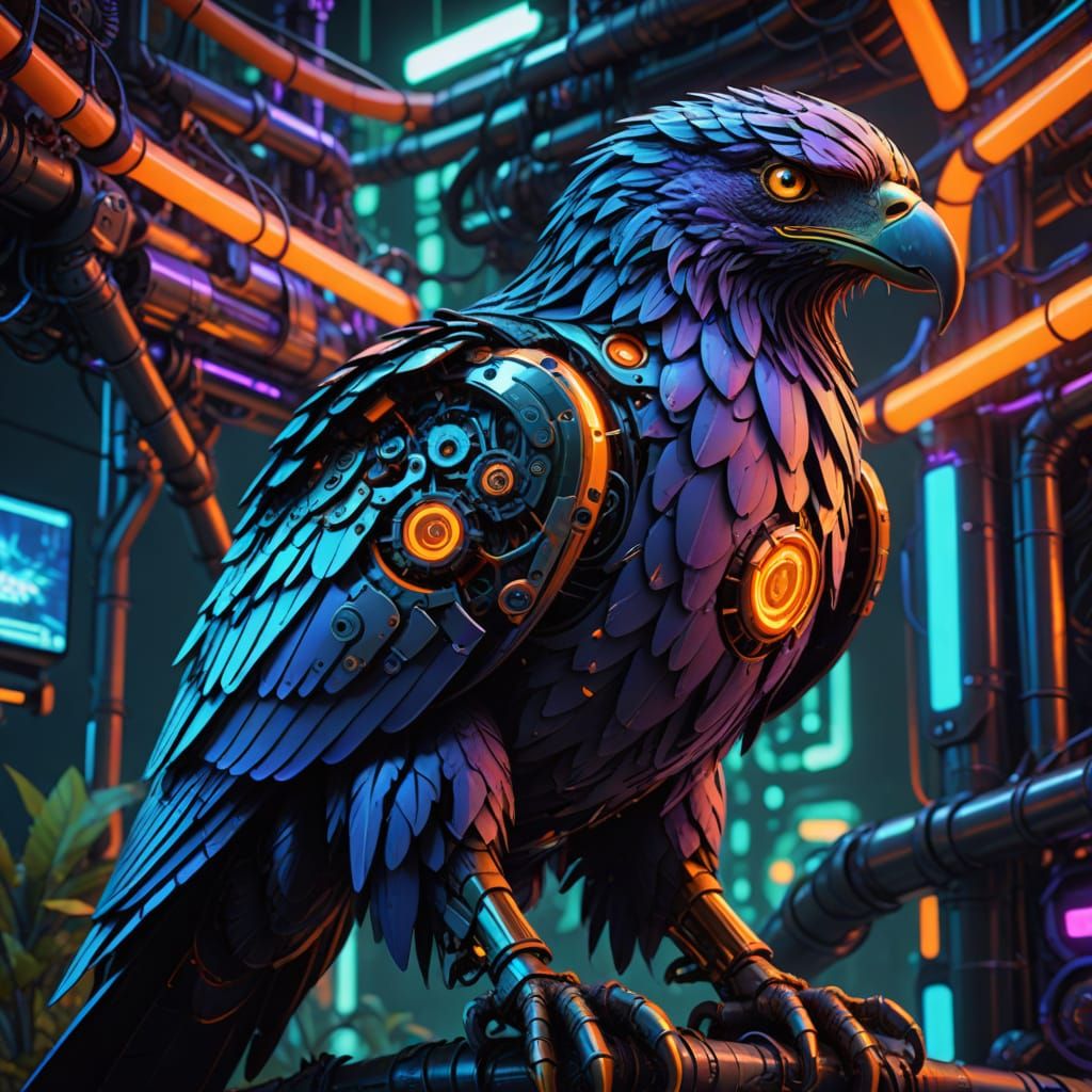Cyberpunk Clockwork Eagle Perched on a Neon-Lit Branch
