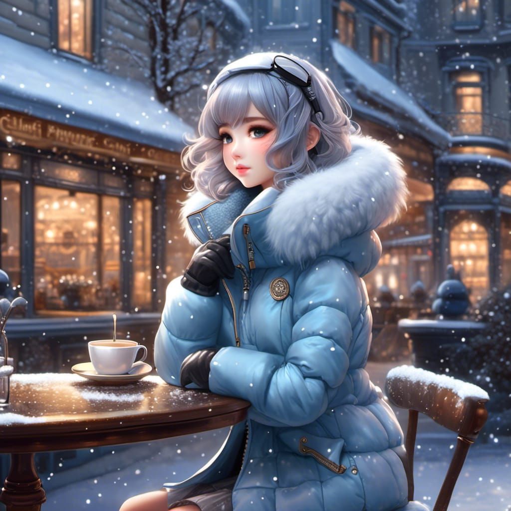 Chibi Cat in Snowy Cafe: Realistic Art