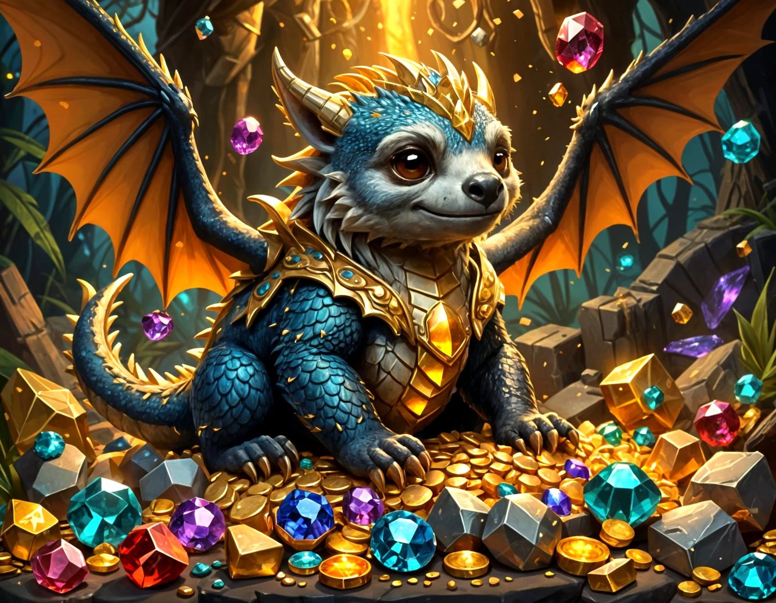 Friendly Dragon Sloth Guards Gem Hoard in Cartoon Fantasy St...