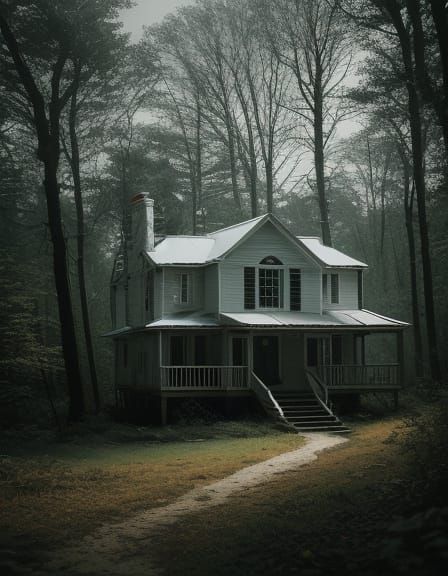 White Cottage in Woods with Wildlife, Cinematic Style