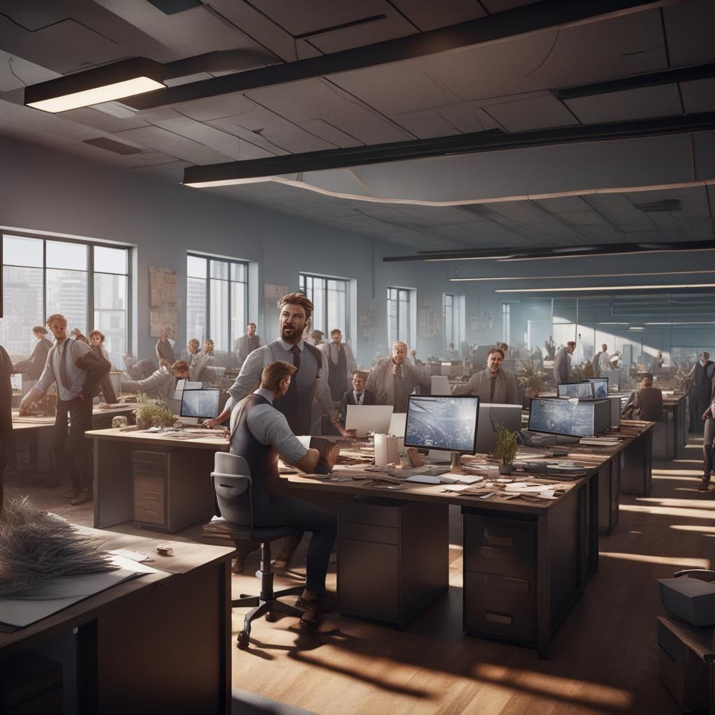 Busy Worker in Bustling Office: Fantasy Concept Art