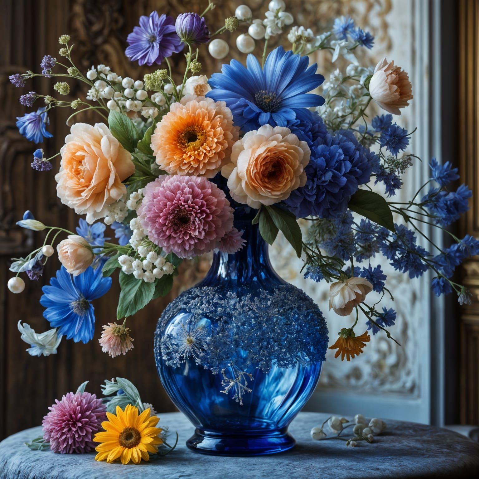 Stunning Blue Glass Vase of Summer Flowers