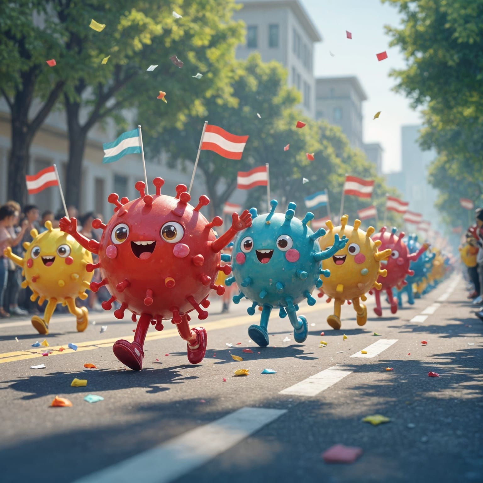 Cute Viruses Marching in Vibrant Parade Formation