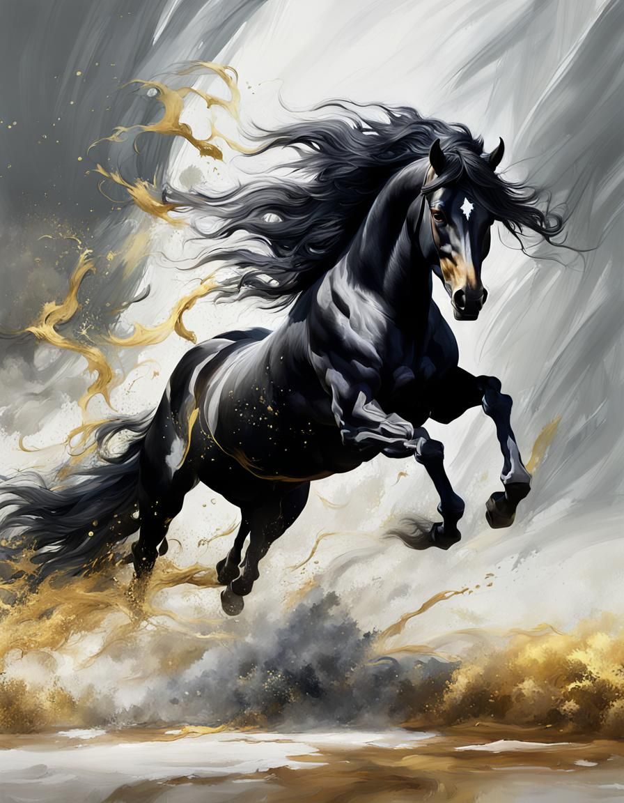 galloping black horse, with flowing mane, white background ,...